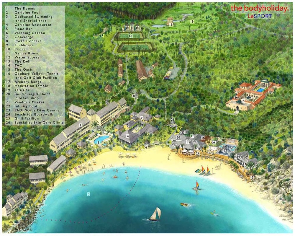 Body Holiday, St Lucia, West Indies . hotel complex illustrated aerial view