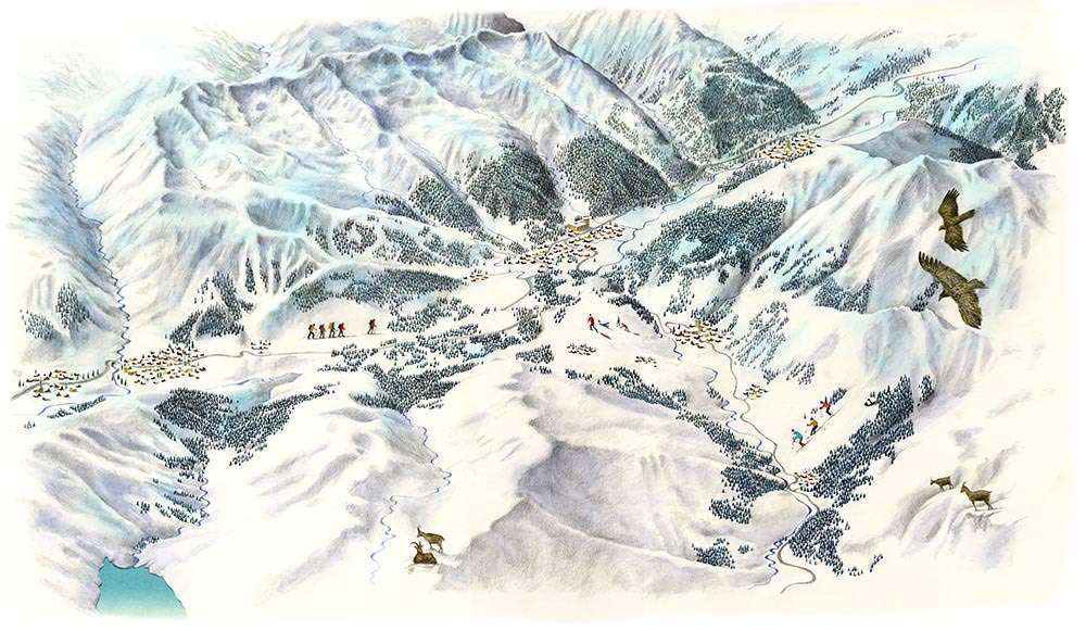 Schweizer Berghilfe : aerial view illustration Curaglia Valley