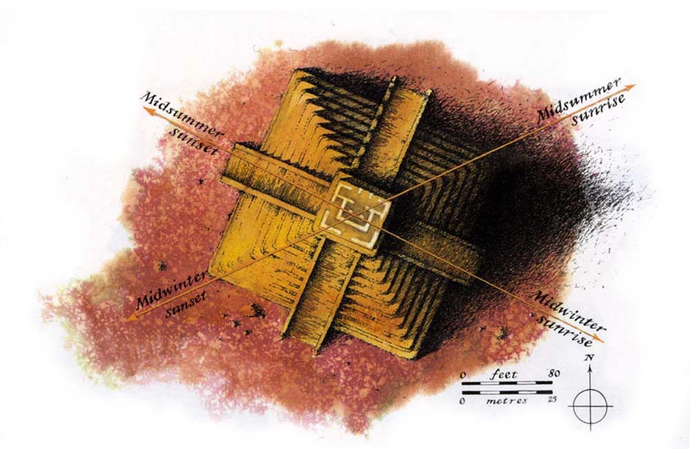 Chronicle Books : 'The Sectret Language of the Stars and Planets' by Geoffrey Cornelius and Paul Devereux . over-head aerial view illustration of El Castillo, Chichen Itza, Mexico