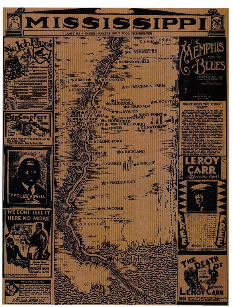Q Magazine 'Maps and Legends' . Mississippi Blues illustrated map . letterpress and woodcut