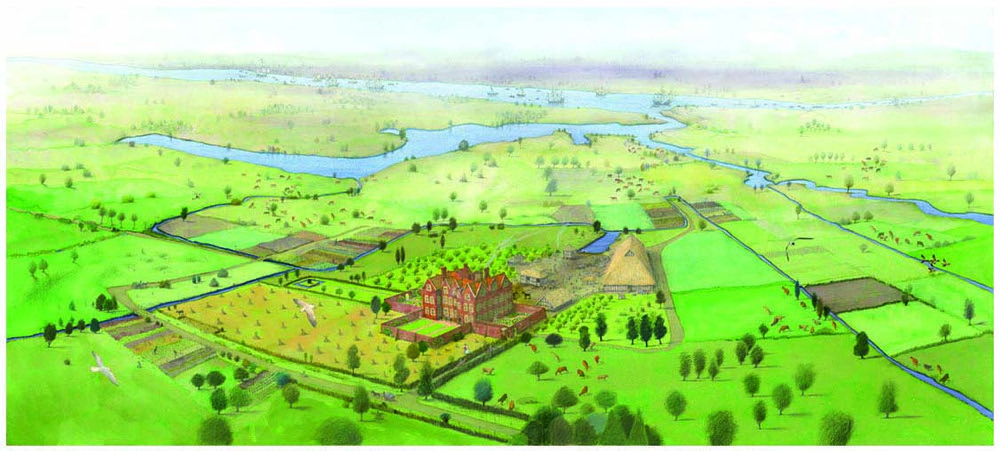 Commissioned by Design Map : Eastbury Manor illustrated aerial view mural of the Manor in the 16th Century
