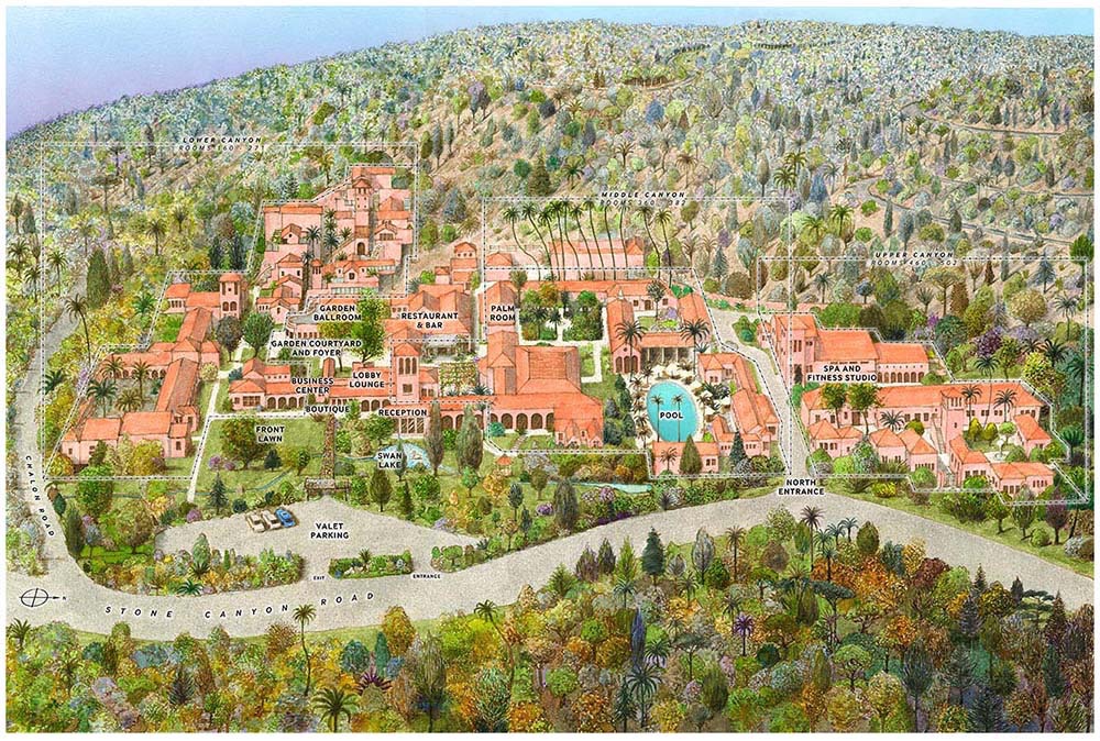 Hotel Bel-Air, Beverley Hills, LA . illustrated plan and guide to hotel layout