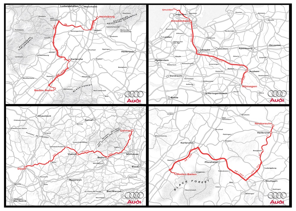 Barton Bogle Hegarty : Maps for Audi R8 booklet - customers helicoptered to factory at Neckarsulm and then use booklet to drive back to the UK along the fastest roads in Europe. 