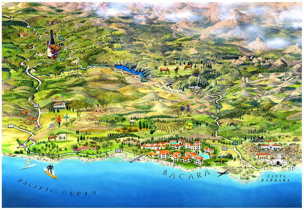 Lipman Advertising NY : Aerial view of Bacara Resort in Santa Barbara - showing the hinterland and it's attractions