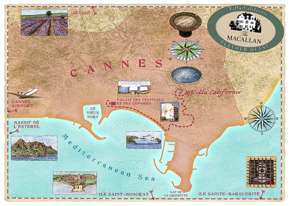 Bombas & Parr : Macallan Whisky - map to guide guests to tasting experience at Cannes Tax Free World Association Fair
